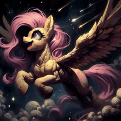 Size: 2048x2048 | Tagged: safe, ai content, derpibooru import, machine learning generated, prompter:enterusxrname, fluttershy, pegasus, pony, cloud, female, flying, g4, generator:bing image creator, generator:dall-e 3, image, jpeg, mare, muscles, muscular female, night, pink eyes, shooting star, solo, stars