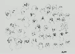 Size: 4096x2972 | Tagged: safe, artist:alumx, derpibooru import, oc, unofficial characters only, gryphon, bust, expressions, gray background, grayscale, griffon oc, image, jpeg, monochrome, simple background, sketch, sketch dump