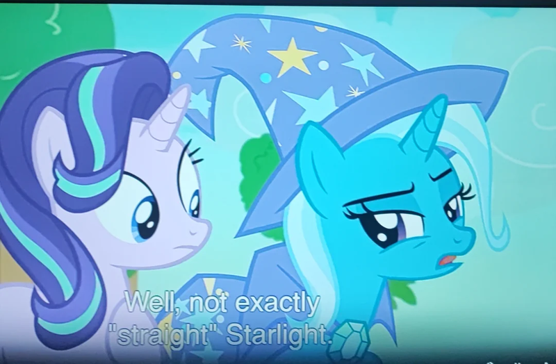 Size: 1080x708 | Tagged: safe, derpibooru import, screencap, starlight glimmer, trixie, pony, unicorn, to change a changeling, cape, clothes, duo, female, gem, hat, horn, image, mare, photo, picture of a screen, png, screenshots, subtitles, tree, trixie's cape, trixie's hat