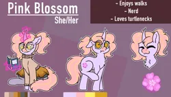 Size: 1844x1048 | Tagged: safe, artist:bluemoon, derpibooru import, oc, oc:pink blossom, pony, unicorn, book, clothes, commission, curved horn, flower, glasses, horn, image, magic, png, ponytail, reading, reference, reference sheet, sitting, skirt, sweater, telekinesis, turtleneck