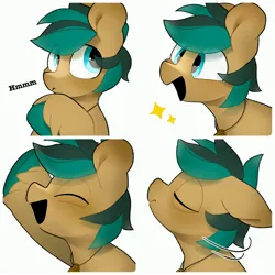 Size: 4096x4096 | Tagged: safe, artist:mochi_nation, derpibooru import, oc, unofficial characters only, earth pony, pony, bust, commission, eyes closed, floppy ears, hoof on chin, image, jpeg, looking offscreen, male, open mouth, open smile, simple background, smiling, solo, sparkles, stallion, thinking, unshorn fetlocks, white background