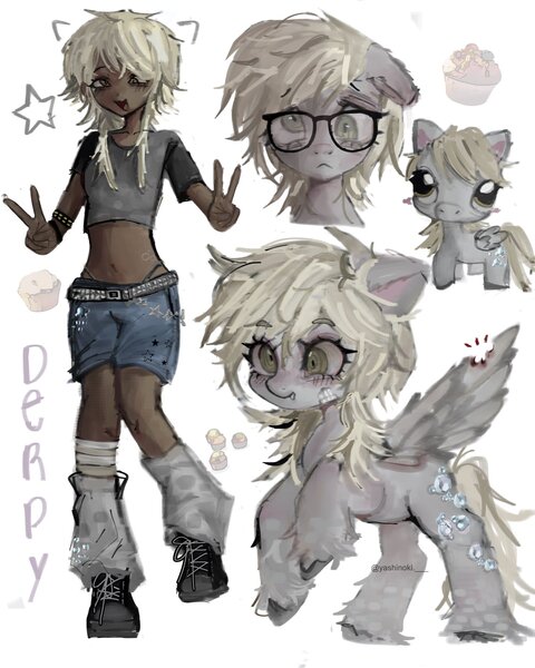 Size: 1640x2048 | Tagged: semi-grimdark, artist:yashinoki____, derpibooru import, derpy hooves, pegasus, pony, bandage, belt, bite mark, bracelet, clothes, dark skin, female, glasses, image, injured, injured wing, jewelry, jpeg, mare, peace sign, self paradox, self ponidox, short shirt, shorts, simple background, unshorn fetlocks, white background, wings