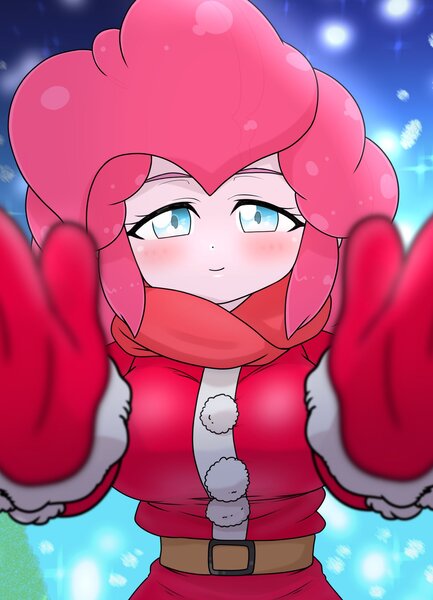 Size: 1479x2048 | Tagged: safe, artist:batipin, derpibooru import, pinkie pie, equestria girls, blushing, breasts, busty pinkie pie, christmas, clothes, costume, cute, diapinkes, duffel coat pov meme, female, g4, holiday, image, jpeg, looking at you, meme, mittens, offscreen character, pov, santa costume, scarf, smiling, snow, solo