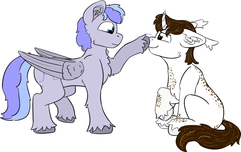 Size: 2500x1578 | Tagged: safe, artist:dsksh, derpibooru import, oc, oc:discoordination, oc:zephir, unofficial characters only, pegasus, pony, unicorn, boop, chest fluff, duo, duo male, ear fluff, floppy ears, folded wings, freckles, horn, image, looking at each other, looking at someone, male, pegasus oc, pegasus wings, png, raised hoof, raised leg, side view, simple background, sitting, stallion, standing, tail, transparent background, two toned mane, two toned tail, unicorn oc, unshorn fetlocks, wings