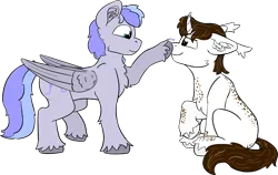 Size: 2500x1578 | Tagged: safe, artist:dsksh, derpibooru import, oc, oc:discoordination, oc:zephir, unofficial characters only, pegasus, pony, unicorn, boop, chest fluff, duo, duo male, ear fluff, floppy ears, folded wings, freckles, horn, image, looking at each other, looking at someone, male, pegasus oc, pegasus wings, png, raised hoof, raised leg, side view, simple background, sitting, stallion, standing, tail, transparent background, two toned mane, two toned tail, unicorn oc, unshorn fetlocks, wings