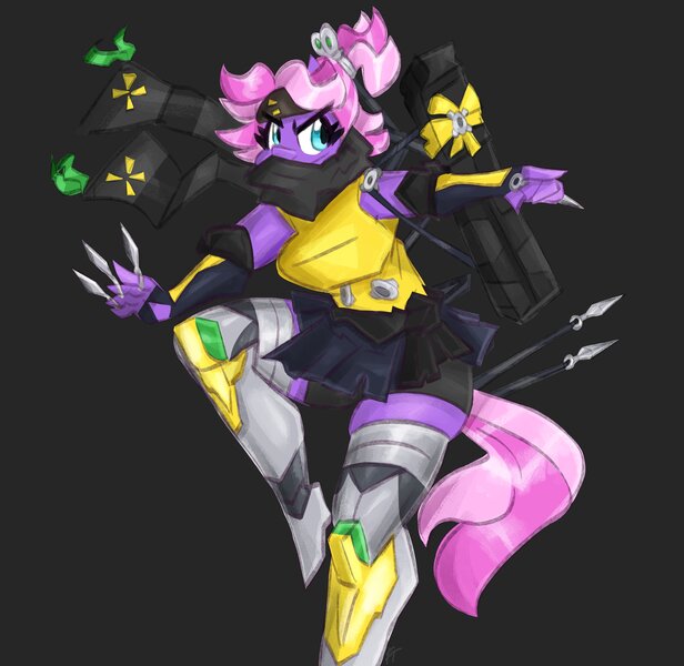 Size: 3000x2920 | Tagged: safe, artist:flutterthrash, derpibooru import, oc, unofficial characters only, anthro, earth pony, plantigrade anthro, pony, black background, boots, clothes, commission, face mask, female, headband, image, jpeg, kunai, mare, mask, ninja, scarf, shoes, simple background, skirt, solo, thigh boots