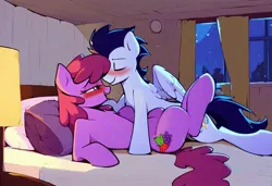 Size: 1216x832 | Tagged: suggestive, ai content, derpibooru import, machine learning generated, stable diffusion, berry punch, berryshine, soarin', earth pony, pegasus, pony, bed, bedroom, blushing, duo, g4, generator:purplesmart.ai, image, jpeg, laying on bed, lying down, on bed, shipping