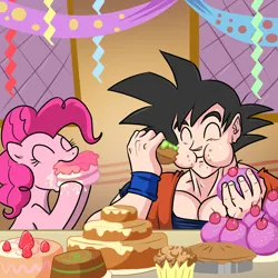Size: 1500x1500 | Tagged: safe, artist:madmax, derpibooru import, pinkie pie, earth pony, pony, saiyan, 2011, banner, cake, cheek bulge, clothes, crossover, cupcake, dragon ball, dragon ball z, duo, duo male and female, eating, eyes closed, female, food, g4, gi, goku, hoof hold, humanoid, image, indoors, jpeg, light skin, male, mare, messy eating, party, pie, puffy cheeks, son goku, streamers, wristband