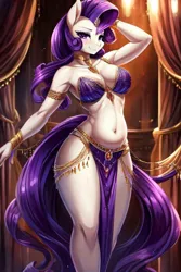 Size: 512x768 | Tagged: suggestive, ai content, derpibooru import, machine learning generated, prompter:alan-the-animeartist, rarity, anthro, accessory, arm behind head, belly button, belly dancer, belly dancer outfit, breasts, busty rarity, cleavage, clothes, image, jpeg, loincloth, midriff, solo, stupid sexy rarity