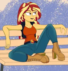 Size: 1223x1280 | Tagged: safe, artist:peel_a_na, derpibooru import, sunset shimmer, human, equestria girls, boots, clothes, denim, g4, high heel boots, image, jeans, jpeg, pants, shoes, solo