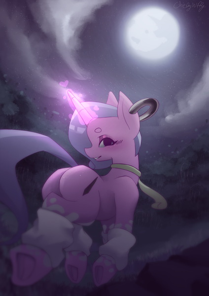 Size: 1403x1984 | Tagged: safe, artist:chiefywiffy, derpibooru import, oc, oc:chiefy, unicorn, clothes, ear piercing, glow, glowing horn, hooves, horn, image, leg warmers, moon, necktie, night, piercing, png, solo