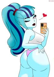 Size: 1419x2024 | Tagged: suggestive, artist:tonylixious, derpibooru import, sonata dusk, human, equestria girls, butt, clothes, female, floating heart, g4, heart, image, lipstick, looking at you, mobile phone, one eye closed, panties, phone, png, shirt, simple background, solo, solo female, sonata donk, underwear, white background, wink, winking at you