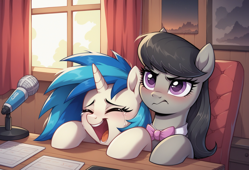 Size: 1824x1248 | Tagged: safe, ai content, derpibooru import, generator:autismmixpony, machine learning generated, stable diffusion, octavia melody, vinyl scratch, earth pony, pony, unicorn, angry, blushing, chair, crying, curtains, cute, cute when angry, desk, duo, duo female, eyes closed, female, frown, g4, hooves on the table, horn, image, indoors, laughing, madorable, mare, microphone, missing accessory, no glasses, octavia is not amused, open mouth, paintings, paper, png, prompter:tyto4tme4l, tavibetes, tears of laughter, unamused, vinylbetes, window, wood