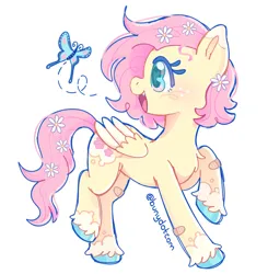 Size: 2006x2048 | Tagged: safe, artist:bunydotcom, derpibooru import, fluttershy, butterfly, insect, pegasus, pony, alternate cutie mark, alternate design, alternate hairstyle, bandaid, blushing, chest fluff, coat markings, colored eartips, colored eyelashes, colored hooves, colored pinnae, colored wings, colored wingtips, fangs, female, flower, flower in hair, flower in tail, folded wings, freckles, g4, green eyes, heart, heart eyes, image, jpeg, long tail, mare, multicolored eyes, open mouth, open smile, pink mane, pink tail, profile, raised leg, redesign, shiny hoof, short mane, signature, simple background, small wings, smiling, socks (coat marking), solo, tail, two toned wings, unshorn fetlocks, white background, wingding eyes, wings, yellow coat