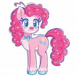 Size: 2048x2048 | Tagged: safe, artist:bunydotcom, derpibooru import, pinkie pie, earth pony, pony, ahoge, alternate design, big ears, big eyes, blue eyes, blushing, bowtie, chest fluff, clown makeup, colored belly, colored eartips, colored eyelashes, colored fetlocks, colored hooves, colored pinnae, concave belly, curly mane, curly tail, eyelashes, female, food, g4, grin, hair accessory, image, jpeg, long legs, long mane, long tail, mare, multicolored eyes, pale belly, pink coat, pink mane, pink tail, redesign, shiny hoof, signature, simple background, smiling, solo, sparkly eyes, sprinkles, standing, tail, tail accessory, unshorn fetlocks, white background, wingding eyes