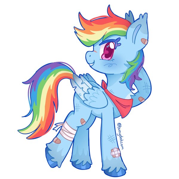 Size: 2048x2048 | Tagged: safe, artist:bunydotcom, derpibooru import, rainbow dash, pegasus, pony, alternate color palette, alternate design, alternate hairstyle, bandage, bandaged leg, bandaid, bandana, blue coat, blushing, chest fluff, colored eartips, colored eyelashes, colored fetlocks, colored hooves, colored wings, colored wingtips, ear tufts, eyelashes, female, folded wings, g4, hooves behind head, image, jpeg, looking at you, mare, multicolored hair, multicolored mane, multicolored tail, pink eyes, profile, rainbow hair, rainbow tail, redesign, scar, scratches, shiny hoof, short hair rainbow dash, short mane, signature, simple background, smiling, smiling at you, standing, tail, torn wings, two toned wings, unshorn fetlocks, white background, wing fluff, wingding eyes, wings