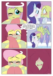 Size: 2894x4093 | Tagged: suggestive, artist:auroramint, artist:shoelace, derpibooru import, part of a set, fluttershy, rarity, pegasus, pony, unicorn, comic:rarity's delight, blushing, comic, commission, face licking, fetish, flutterprey, g4, horn, image, inside mouth, licking, magic, oral vore, png, raripred, spa, telekinesis, tongue out, vore, wet, wet mane