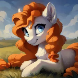 Size: 1536x1536 | Tagged: safe, ai content, derpibooru import, machine learning generated, prompter:seashell, stable diffusion, pear butter, pony, bust, chest fluff, ear fluff, female, field, g4, image, jpeg, looking at you, lying down, mare, nature, outdoors, portrait, smiling, smiling at you, solo