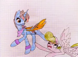 Size: 3984x2902 | Tagged: safe, artist:destiny_manticor, derpibooru import, oc, oc:key ti, oc:rosa caerula, unofficial characters only, changeling, hybrid, pegasus, pony, bandana, changeling hybrid, female, graph paper, horn, image, insect wings, jpeg, looking at someone, mare, old art, open mouth, paper, pencil drawing, side view, traditional art, transparent wings, two toned hair, wings
