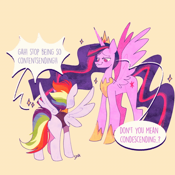 Size: 1280x1280 | Tagged: safe, artist:sockiepuppetry, derpibooru import, princess twilight 2.0, rainbow dash, twilight sparkle, twilight sparkle (alicorn), alicorn, pegasus, pony, the last problem, alternate hairstyle, angry, animated, annoyed, clothes, crown, duo, duo male and female, female, gif, grin, hoof shoes, image, jacket, jewelry, male, mare, misspelling, older, older rainbow dash, older twilight, older twilight sparkle (alicorn), regalia, simple background, smiling, smug, yellow background