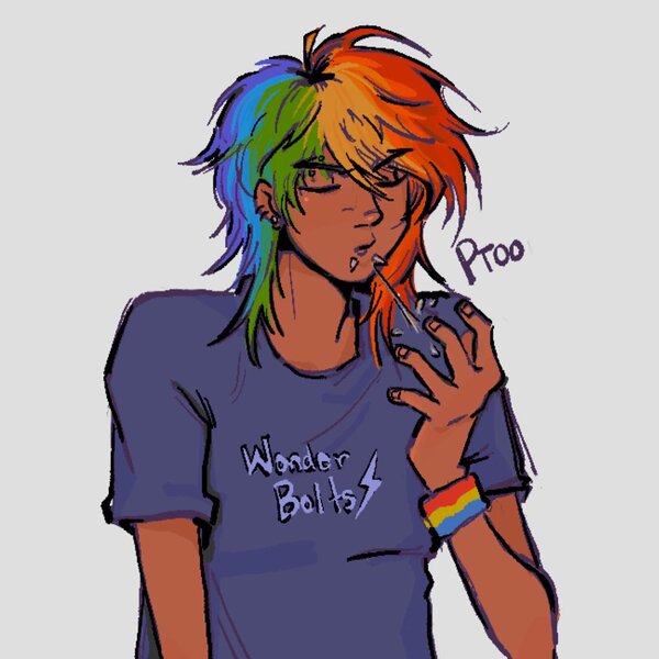 Size: 1440x1440 | Tagged: safe, artist:eeriezoundzz, derpibooru import, rainbow dash, human, clothes, dark skin, drool, gray background, humanized, image, jpeg, multicolored hair, rainbow hair, shirt, simple background, solo, spitting, t-shirt