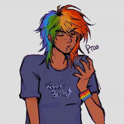 Size: 1440x1440 | Tagged: safe, artist:eeriezoundzz, derpibooru import, rainbow dash, human, clothes, dark skin, drool, gray background, humanized, image, jpeg, multicolored hair, rainbow hair, shirt, simple background, solo, spitting, t-shirt