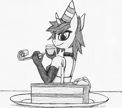 Size: 1560x1379 | Tagged: suggestive, artist:sombreon, derpibooru import, oc, oc:coffee bean, unofficial characters only, anthro, unicorn, bikini, bikini top, birthday, cake, candle, choker, clothes, female, food, gloves, grayscale, hat, horn, image, jpeg, long gloves, monochrome, party hat, simple background, solo, swimsuit, traditional art, white background