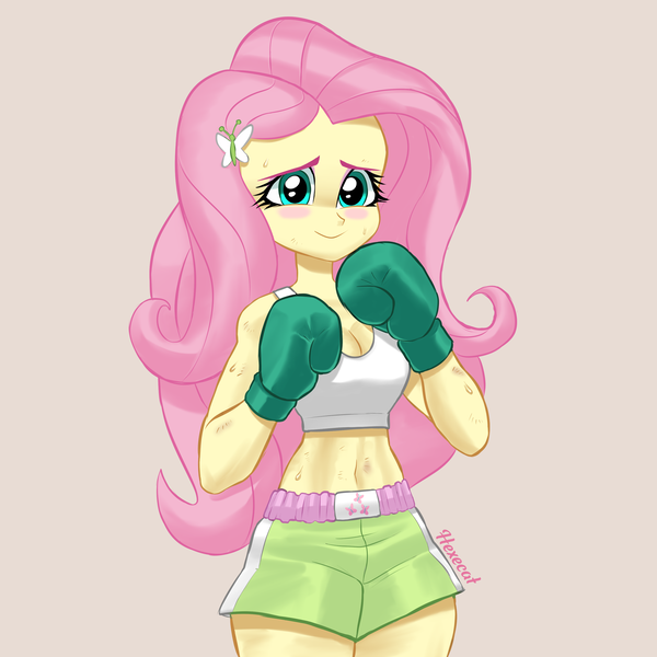 Size: 3000x3000 | Tagged: safe, artist:hexecat, derpibooru import, fluttershy, human, equestria girls, belly button, boxing, boxing gloves, clothes, female, g4, image, png, solo, solo female, sports, sports bra, sports panties, sweat