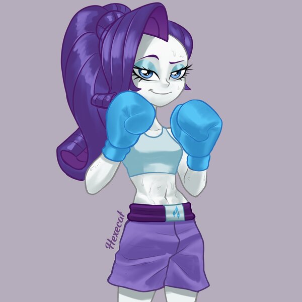Size: 2048x2048 | Tagged: safe, artist:hexecat, derpibooru import, rarity, human, equestria girls, belly button, boxing, boxing gloves, clothes, female, g4, image, jpeg, solo, solo female, sports, sports bra, sports panties, sweat