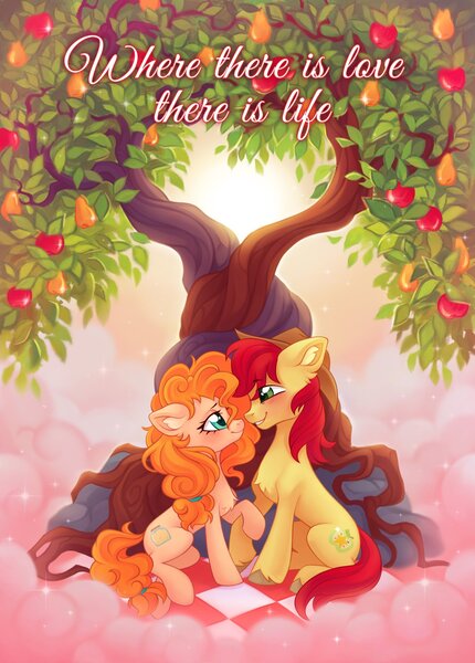 Size: 1468x2048 | Tagged: safe, artist:rozmed, derpibooru import, bright mac, pear butter, earth pony, pony, apple, apple tree, blushing, brightbutter, chest fluff, cowboy hat, ear fluff, female, food, g4, hat, image, intertwined trees, jpeg, looking at each other, looking at someone, male, mare, pear, pear tree, shipping, smiling, stallion, stetson, straight, tree, unshorn fetlocks