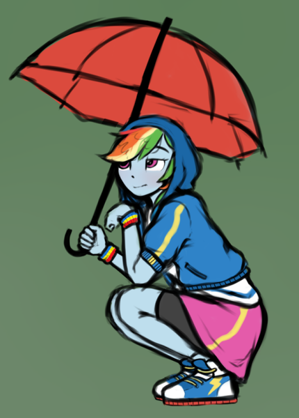 Size: 513x715 | Tagged: safe, artist:katkatkatzu, derpibooru import, rainbow dash, equestria girls, blushing, clothes, compression shorts, female, g4, green background, hoodie, image, png, shoes, simple background, skirt, sneakers, solo, umbrella
