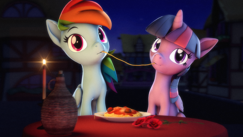 Size: 3840x2160 | Tagged: safe, artist:psfmer, derpibooru import, rainbow dash, twilight sparkle, twilight sparkle (alicorn), alicorn, pegasus, pony, 3d, candle, candlelight, disney, duo, duo female, eyebrows, female, flower, folded wings, food, g4, high res, horn, image, imminent kissing, lady and the tramp, lesbian, mare, meatball, movie reference, night, outdoors, pasta, plate, png, ponyville, revamped ponies, rose, shipping, sitting, slurp, source filmmaker, spaghetti, spaghetti scene, table, this will end in kisses, twidash, wings
