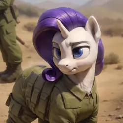 Size: 2048x2048 | Tagged: safe, ai content, derpibooru import, machine learning generated, prompter:jasedward, rarity, human, unicorn, army, clothes, desert, dune, horn, image, png, sand, uniform