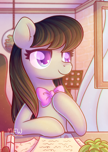 Size: 2480x3508 | Tagged: safe, artist:musicfirewind, derpibooru import, octavia melody, earth pony, pony, bowtie, bust, cello case, desk, female, g4, high res, image, letter, mare, music stand, paper, png, smiling, solo
