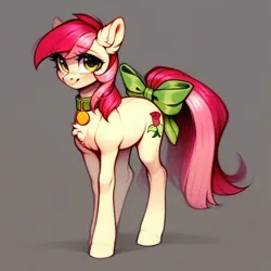 Size: 1024x1024 | Tagged: safe, ai content, derpibooru import, machine learning generated, prompter:doom9454, stable diffusion, roseluck, pony, bow, collar, cute, fluffy, generator:pony diffusion v6 xl, image, looking at you, pet tag, png, pony pet, rosepet, standing, tail, tail bow