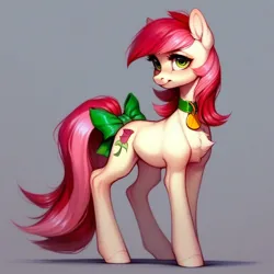 Size: 1024x1024 | Tagged: safe, ai content, derpibooru import, machine learning generated, prompter:doom9454, stable diffusion, roseluck, pony, bow, collar, cute, fluffy, generator:pony diffusion v6 xl, image, looking at you, pet tag, png, pony pet, rosepet, standing, tail, tail bow