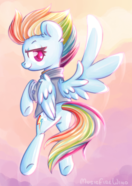 Size: 1369x1931 | Tagged: safe, artist:musicfirewind, derpibooru import, rainbow dash, pegasus, pony, the last problem, ear fluff, female, flying, g4, image, looking at you, looking back, looking back at you, mare, older, older rainbow dash, png, sky, smiling, smiling at you, solo, spread wings, wing fluff, wings