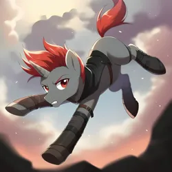 Size: 2048x2048 | Tagged: safe, derpibooru import, oc, oc:kardy wing, unofficial characters only, pony, unicorn, fallout equestria, action pose, clothes, horn, image, jpeg, jumping, male, solo, wasteland