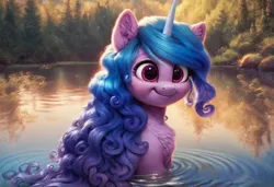 Size: 1216x832 | Tagged: safe, ai content, derpibooru import, machine learning generated, prompter:kluknawa235, stable diffusion, izzy moonbow, unicorn, g5, chest fluff, ear fluff, generator:pony diffusion v6 xl, horn, image, jpeg, lake, nature, smiling, water