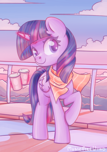 Size: 1369x1931 | Tagged: safe, artist:musicfirewind, derpibooru import, twilight sparkle, twilight sparkle (alicorn), alicorn, pony, boardwalk, clothes, cloud, coffee, coffee cup, cup, female, folded wings, g4, glow, glowing horn, horn, image, levitation, looking at you, magic, magic aura, mare, one hoof raised, outdoors, png, railing, raised hoof, scarf, scenery, sky, smiling, smiling at you, solo, telekinesis, water, wings