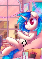 Size: 2480x3508 | Tagged: safe, artist:musicfirewind, derpibooru import, vinyl scratch, pony, unicorn, female, g4, high res, hoof hold, horn, image, indoors, mare, mobile phone, nintendo, nintendo switch, phone, png, smartphone, smiling, solo, string lights