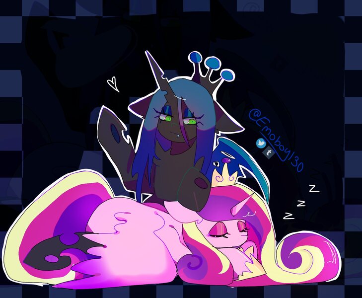Size: 1889x1554 | Tagged: safe, artist:emoboy130, derpibooru import, princess cadance, queen chrysalis, alicorn, changeling, changeling queen, pony, black coat, blue sclera, changeling horn, checkered background, chest fluff, colored sclera, colored wings, crown, duo, duo female, ear fluff, eye clipping through hair, eyelashes, eyes closed, eyeshadow, fangs, female, g4, gradient wings, green eyes, heart, hoof on head, hoof shoes, horn, image, insect wings, jewelry, jpeg, lidded eyes, long horn, long mane, long tail, looking at someone, lying down, makeup, mare, multicolored mane, multicolored tail, no mouth, onomatopoeia, passepartout, pink coat, princess shoes, prone, raised hoof, regalia, signature, sleeping, smiling, sound effects, spread wings, straight mane, tail, teal mane, tiara, two toned wings, wavy mane, wavy tail, wingding eyes, wings, zzz