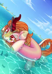 Size: 2480x3508 | Tagged: safe, artist:musicfirewind, derpibooru import, autumn blaze, fish, kirin, awwtumn blaze, cloud, cloven hooves, cute, female, floating, g4, high res, horn, image, inflatable, inner tube, kirinbetes, looking down, outdoors, palm tree, png, pool toy, sky, smiling, solo, tail, tree, underwater, unshorn fetlocks, water