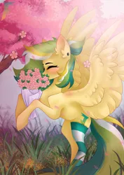 Size: 1610x2280 | Tagged: safe, artist:sheru, derpibooru import, oc, oc:shinebite, oc:shinebite fantom.ent, pegasus, bouquet, cherry blossoms, collapse, flower, flower blossom, image, png