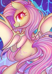 Size: 2480x3508 | Tagged: safe, artist:musicfirewind, derpibooru import, fluttershy, bat pony, pony, bat ponified, bat wings, cute, female, flutterbat, g4, high res, hoof heart, image, looking at you, looking back, looking back at you, mare, png, race swap, rear view, shyabates, shyabetes, smiling, smiling at you, solo, spread wings, tail, underhoof, wings