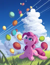 Size: 2050x2624 | Tagged: safe, artist:emeraldgalaxy, derpibooru import, pinkie pie, earth pony, pony, balloon, cloud, ear fluff, eyebrows, female, g4, grass, high res, image, leg fluff, lying down, mare, open mouth, open smile, outdoors, png, prone, signature, sky, smiling, solo, that pony sure does love balloons
