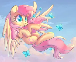 Size: 2784x2288 | Tagged: safe, artist:musicfirewind, derpibooru import, fluttershy, butterfly, insect, pegasus, pony, cloud, cute, female, flying, g4, heart, heart eyes, high res, image, mare, outdoors, png, shyabetes, sky, smiling, solo, spread wings, wingding eyes, wings