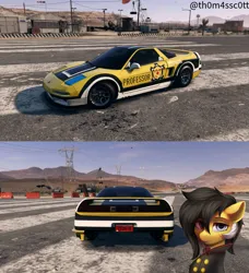 Size: 987x1080 | Tagged: safe, artist:snowy starshine, derpibooru import, oc, oc:zedwin, unofficial characters only, earth pony, pony, airfield, car, clothes, honda, honda nsx, image, mountain, mountain range, need for speed, png, sky, suit