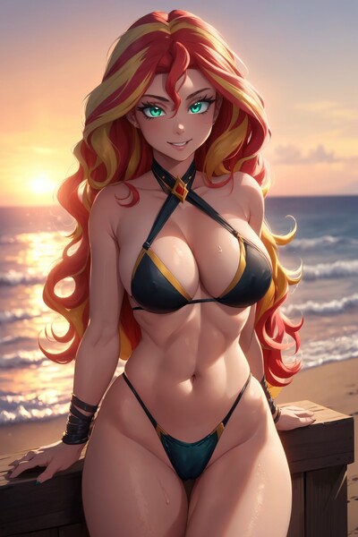 Size: 1024x1536 | Tagged: questionable, ai content, derpibooru import, editor:sammykun, machine learning generated, sunset shimmer, human, beach, belly button, big breasts, bikini, breasts, busty sunset shimmer, cleavage, clothes, female, g4, generator:yodayo, humanized, image, indoors, jpeg, long hair, midriff, outdoors, prompter:sammykun, sexy, solo, solo female, stupid sexy sunset shimmer, sultry pose, swimsuit, wide hips
