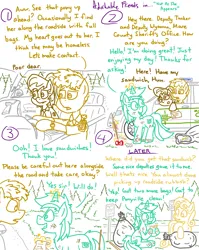 Size: 4779x6013 | Tagged: safe, artist:adorkabletwilightandfriends, derpibooru import, bon bon, lyra heartstrings, sweetie drops, oc, oc:tucker, oc:wyanna, comic:adorkable twilight and friends, adorkable, adorkable friends, automobile, bag, can, car, charity, cleaning, comic, confusion, cute, dirty, dork, empathy, food, happy, helping, image, kindness, lunch bag, magic, mud, muddy, oblivious, paper, png, police, police car, road, road sign, sandwich, sheriff, sitting, smiling, stick, trash, volunteering, walkie talkie, watch
